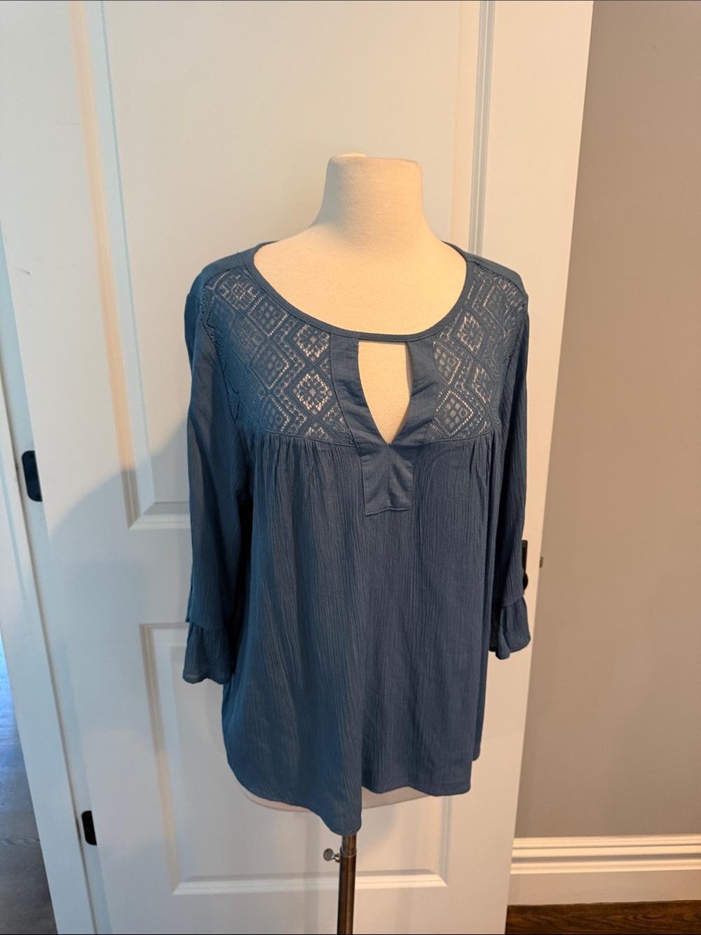 Women's Blue Lace Yoke Keyhole Blouse
